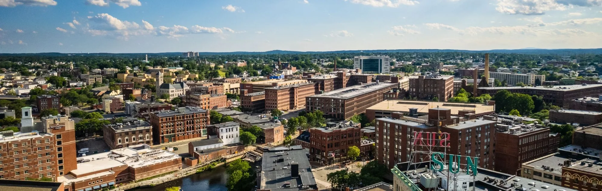 Rooftops across downtown Lowell, Massachusetts